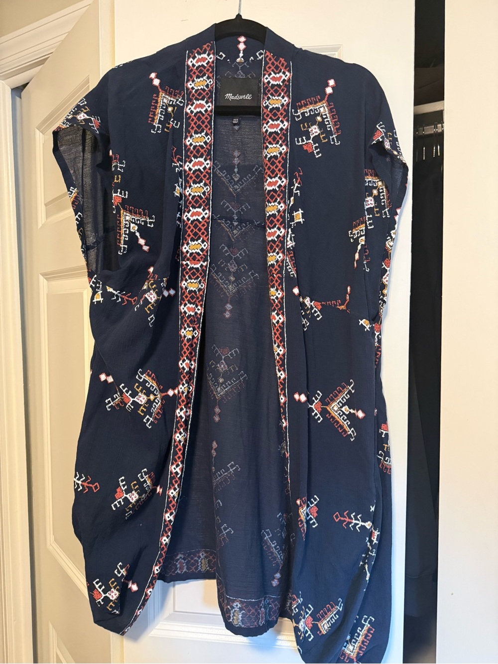 Madewell Navy Open Kimono with Red and Cream Geometric Trim